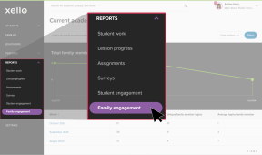 Reports menu open with Family engagement selected